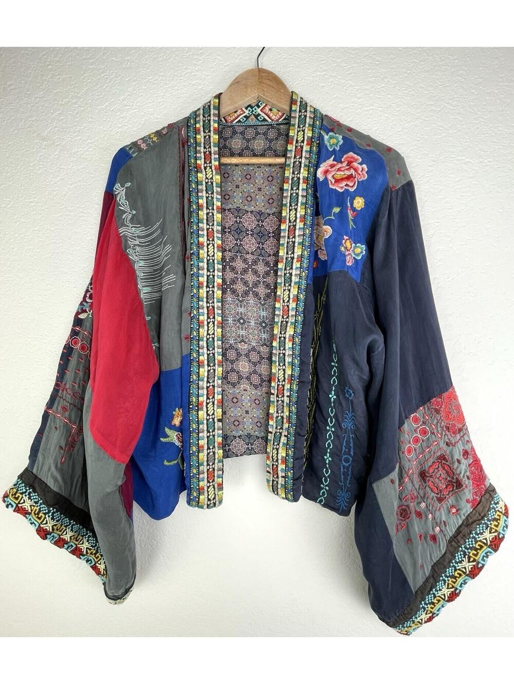 Johnny Was Embroidered Short Reversible Rayon Patchwork Kimono Jacket Rare SM/MD